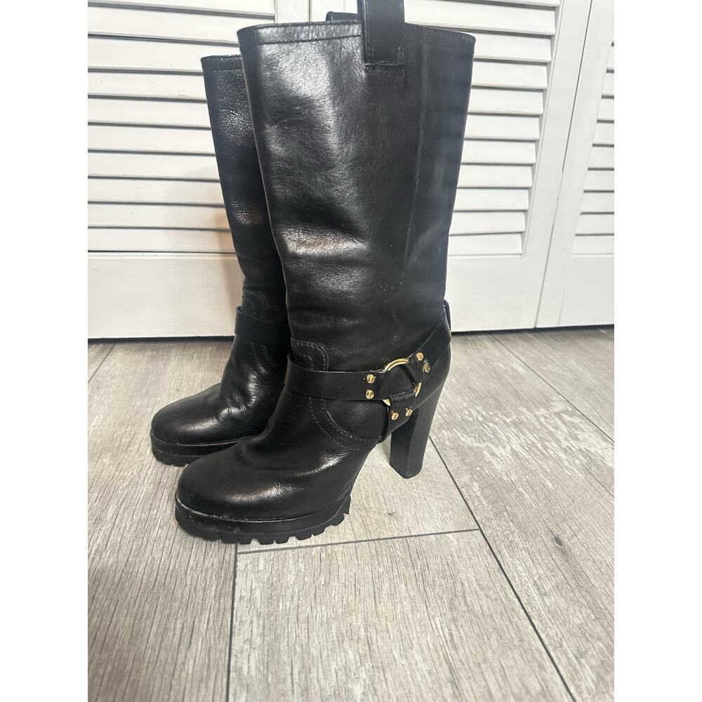 Tory Burch Harness Platform High Heel Lug Sole Black Leather Moto Biker Boot 10